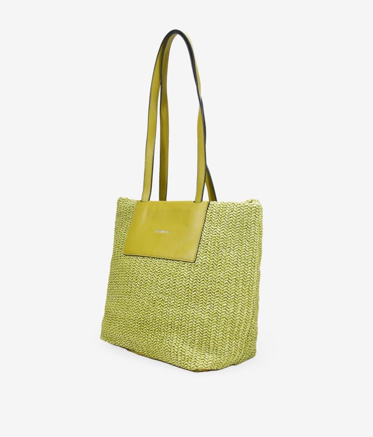 Green raffia shoulder bag with zipper