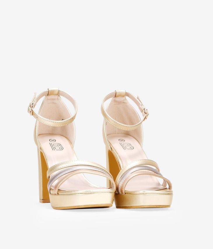 Metallic heeled sandals with heel cup