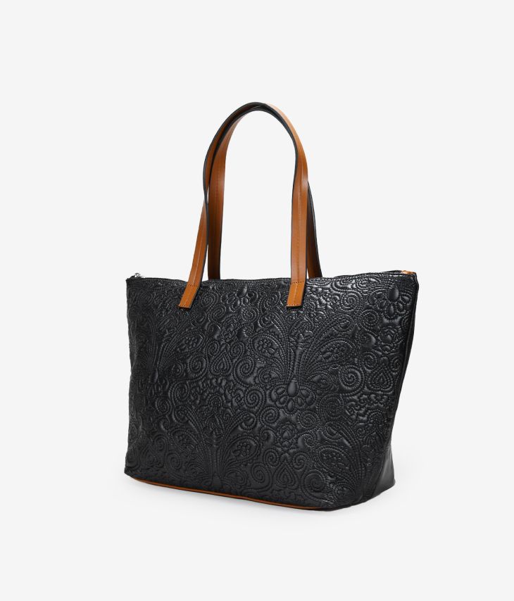 Schwarze Einkaufstasche mit Blumenstickerei und Reißverschluss