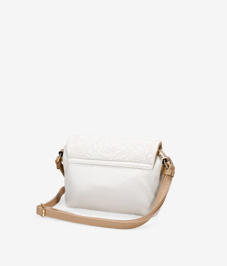 Beige crossbody bag with floral embroidery and flap