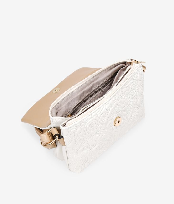 Beige crossbody bag with floral embroidery and flap