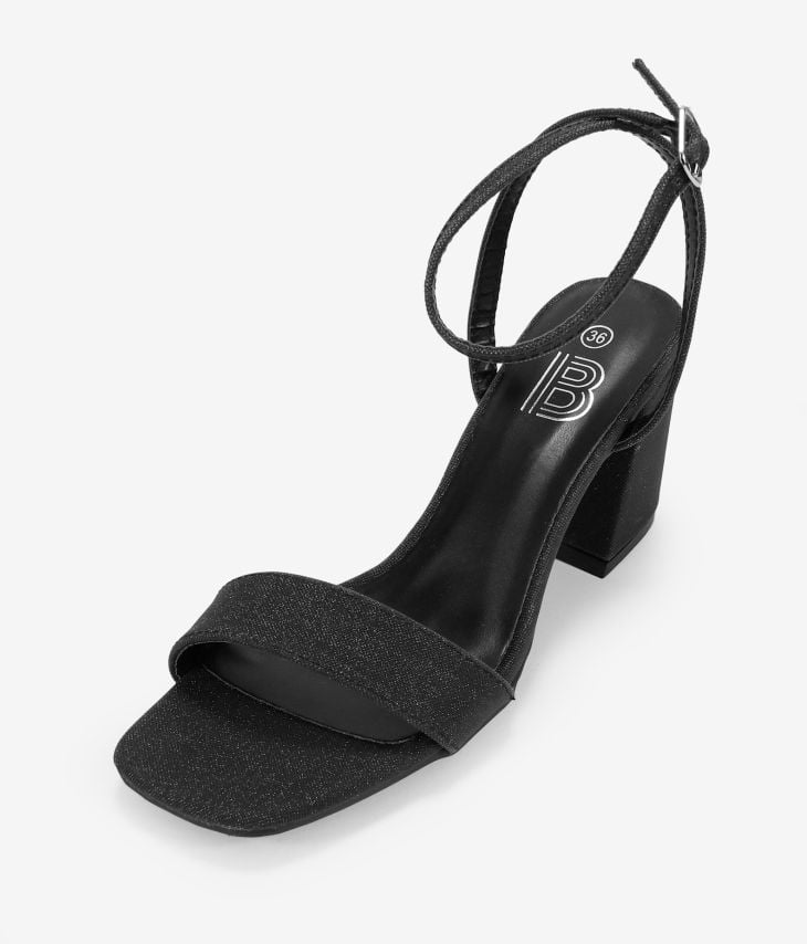 Black wide heel sandals with ankle bracelet