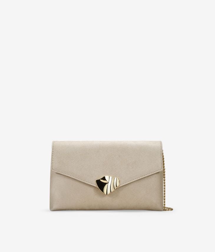 Bolso de mano beige con broche dorado