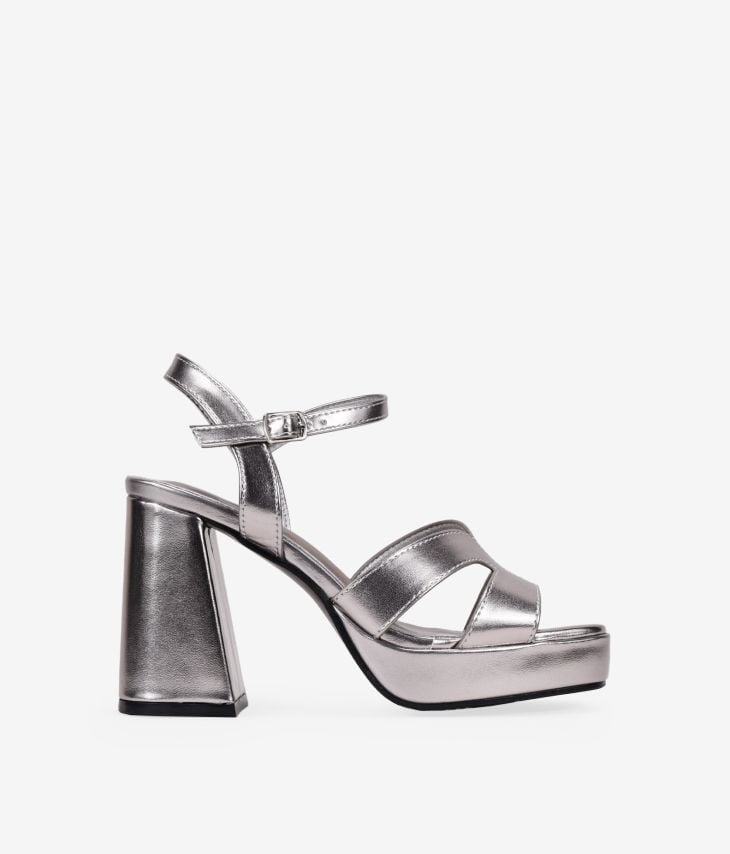 Lead-coloured heeled sandals with strap and buckle