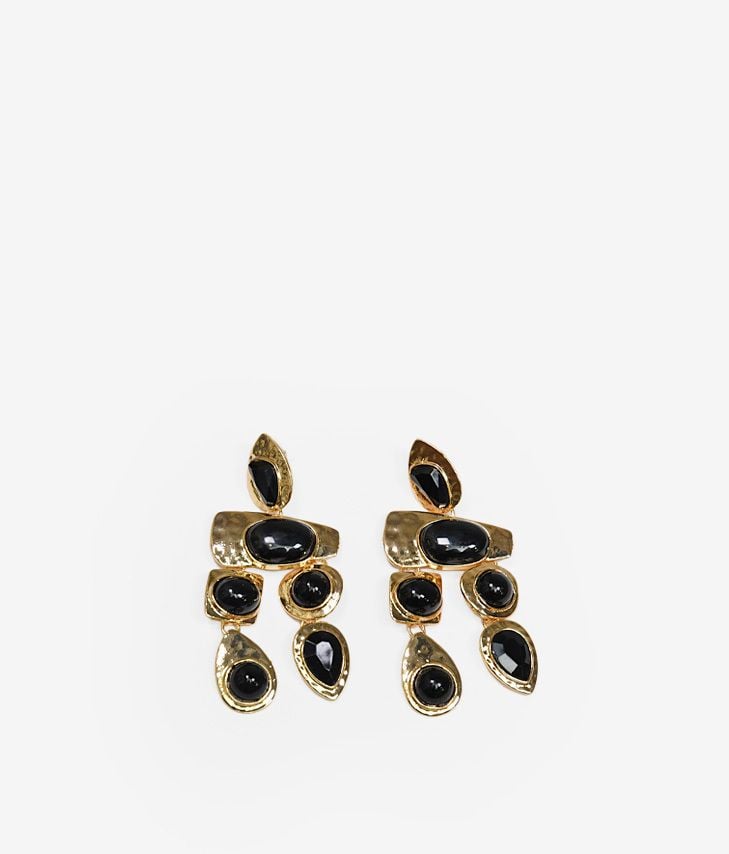 Gold metal earrings with black stones