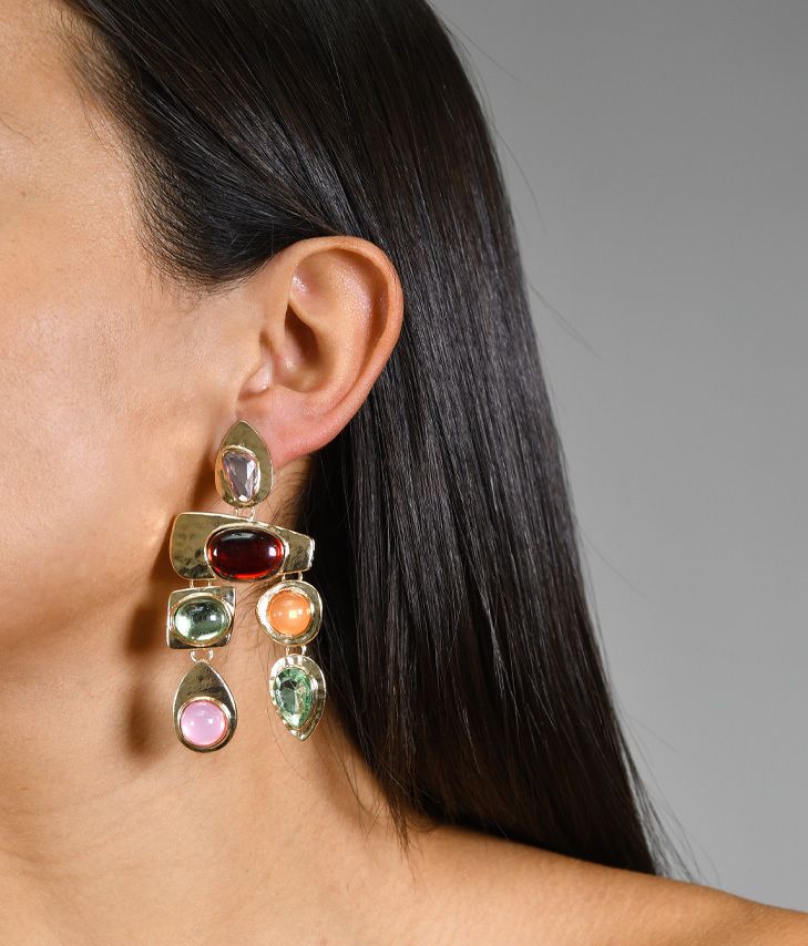 Gold metal earrings with multicolor stones