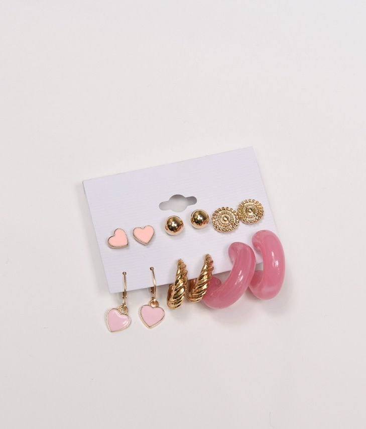 Conjunto de resina rosa e dourada e brincos metálicos