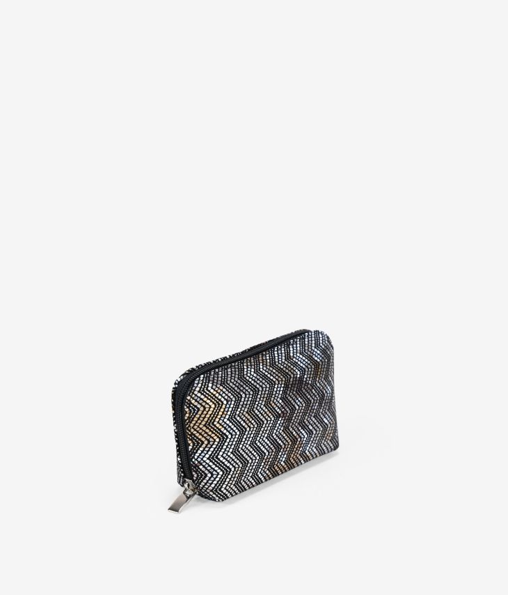 Leather purse with metallic print and zipper
